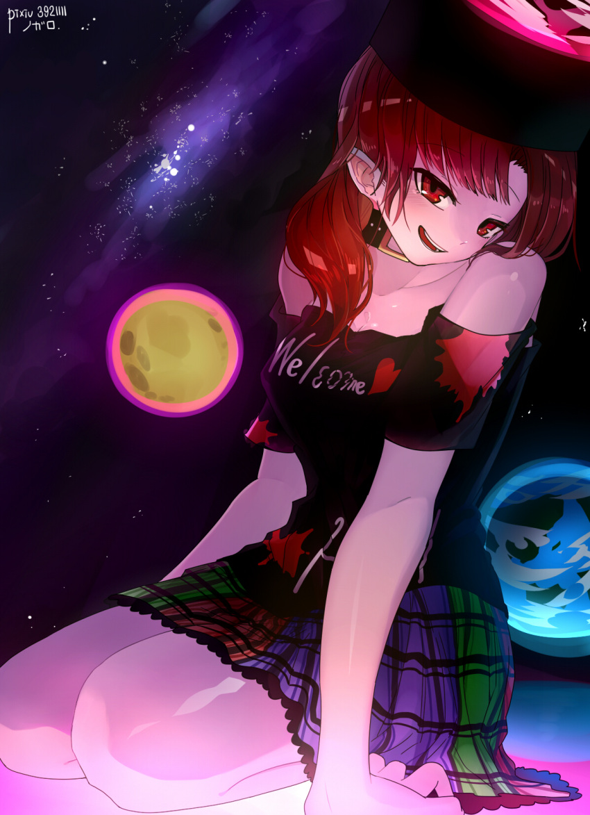 1girl arm_support asuku_(69-1-31) bare_legs bare_shoulders breasts chains choker cleavage clothes_writing collarbone commentary_request earth_(ornament) eyebrows_visible_through_hair head_tilt hecatia_lapislazuli highres kneeling long_hair medium_breasts moon_(ornament) multicolored multicolored_clothes multicolored_skirt off-shoulder_shirt open_mouth pointy_ears red_eyes redhead shirt skirt smile space touhou