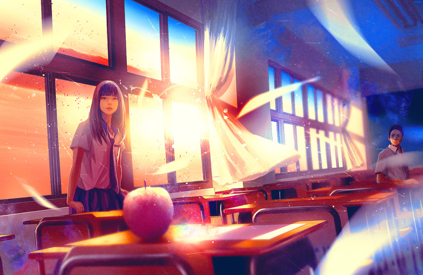 1boy 1girl apple bangs blue_skirt blunt_bangs chair classroom collared_shirt commentary_request curtains desk food fruit indoors long_hair looking_at_viewer necktie original parted_lips pleated_skirt scenery school_desk shirt sitting skirt standing sunset wataboku white_shirt window wing_collar