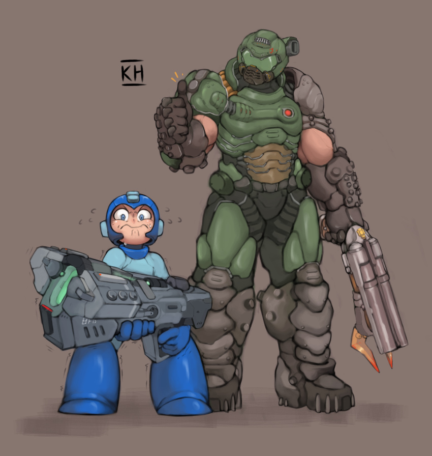 2boys android armor armored_boots blue_eyes boots crossover doom_(game) doomguy flying_sweatdrops heavy helmet highres holding holding_weapon kelvin_hiu male_focus multiple_boys rockman rockman_(character) thumbs_up wavy_mouth weapon