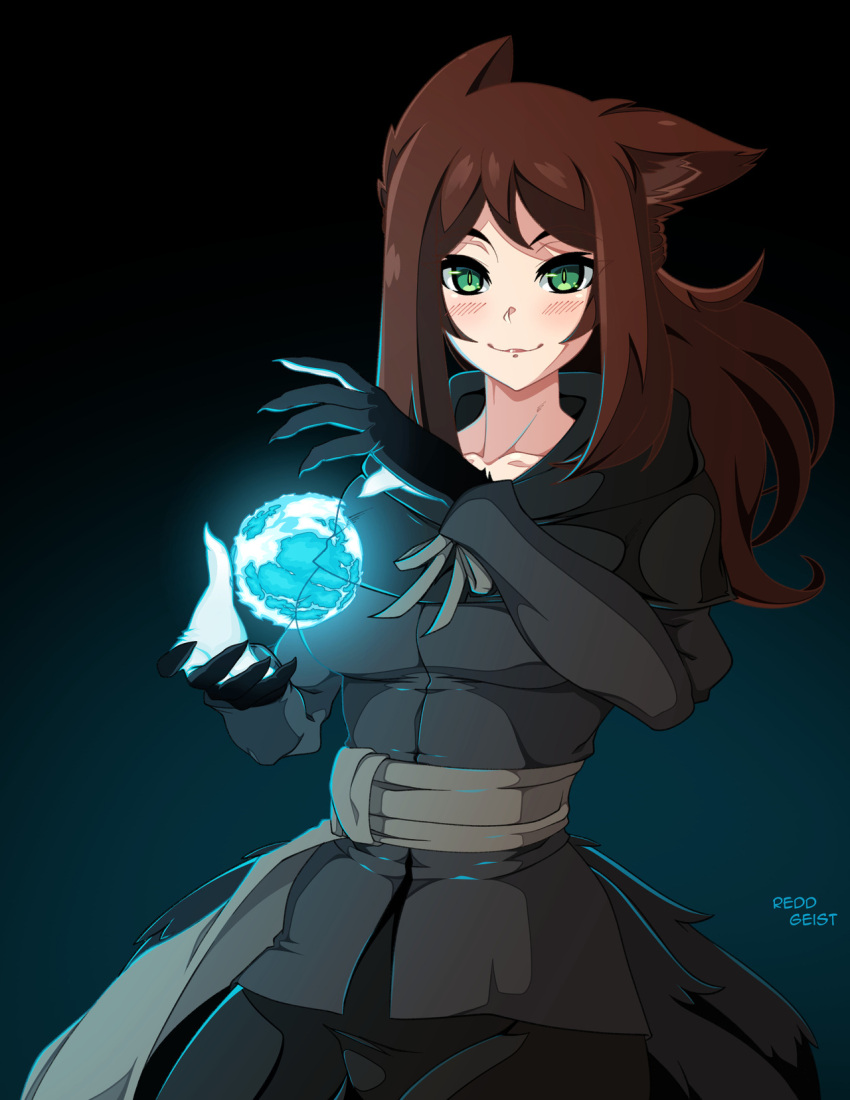 1girl animal_ears bangs black_coat black_skirt blue_background blush brown_hair closed_mouth commentary cowboy_shot english_commentary green_eyes hands_up highres long_hair looking_at_viewer magic monster_girl original paws reddgeist sash signature skirt slit_pupils smile solo