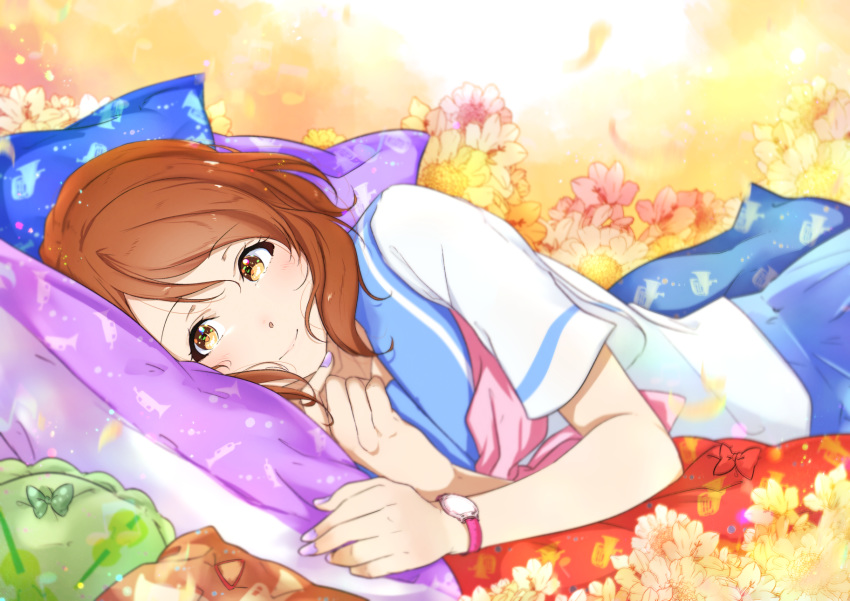 1girl blue_sailor_collar blue_skirt bow brown_hair closed_mouth eyebrows_visible_through_hair green_bow hair_between_eyes hibike!_euphonium highres kuziaaizuk looking_at_viewer lying medium_hair nail_polish on_side oumae_kumiko pillow purple_nails red_bow sailor_collar sailor_shirt school_uniform shiny shiny_hair shirt short_sleeves skirt smile solo watch watch white_shirt yellow_eyes