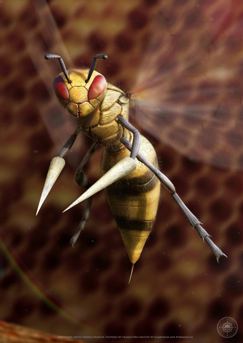 bee beedrill bug creature creatures_(company) deviantart_username english flying full_body game_freak gen_1_pokemon highres insect joshua_dunlop looking_at_viewer nintendo pokemon pokemon_(creature) red_eyes solo