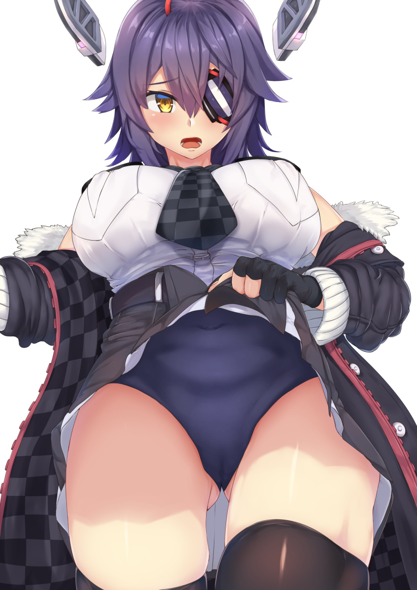 1girl black_gloves black_jacket blue_swimsuit blush breast_pocket breasts checkered checkered_neckwear covered_navel eyepatch from_below gloves gluteal_fold headgear high-waist_skirt highres jacket kantai_collection large_breasts lifted_by_self long_sleeves necktie open_mouth partly_fingerless_gloves pocket purple_hair remodel_(kantai_collection) ryouya school_swimsuit short_hair simple_background skirt solo swimsuit swimsuit_under_clothes tenryuu_(kantai_collection) thigh-highs white_background yellow_eyes