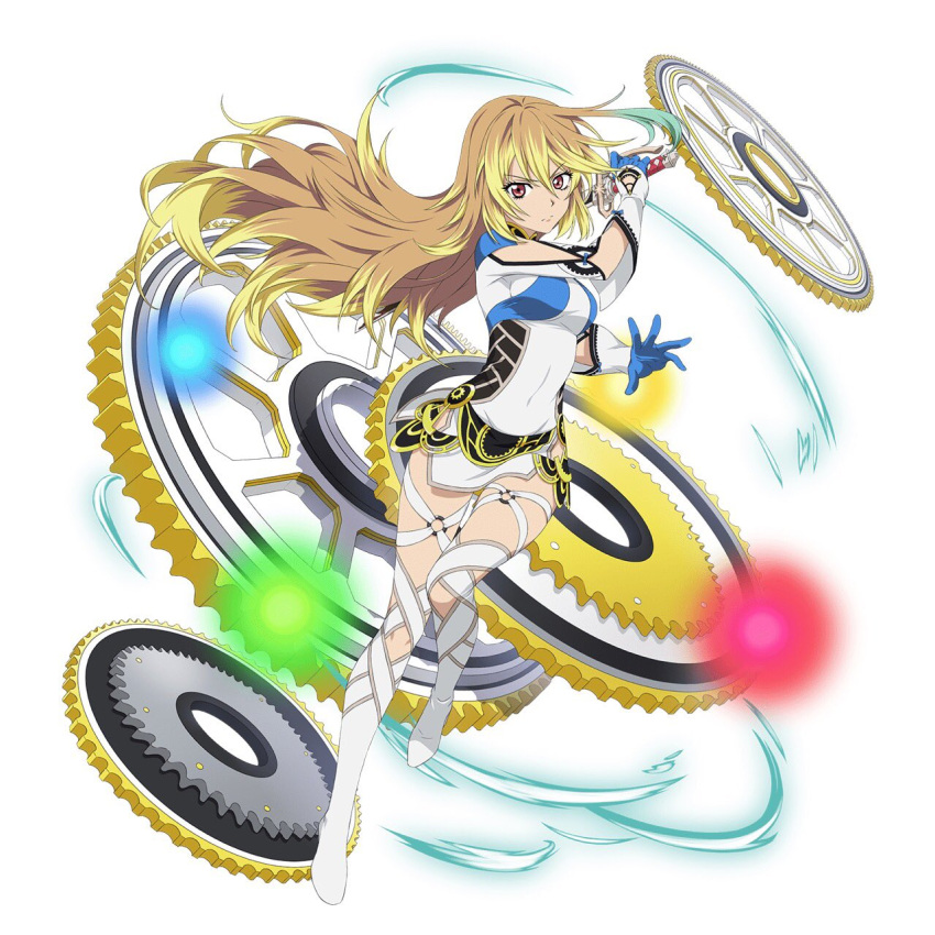 1girl blonde_hair blue_gloves breasts brown_hair covered_navel dress floating_hair full_body gloves gradient_hair hair_between_eyes highres holding holding_sword holding_weapon leg_up long_hair looking_at_viewer medium_breasts milla_maxwell multicolored_hair o-ring red_eyes short_dress side_slit simple_background solo sword tales_of_(series) tales_of_xillia two-tone_hair very_long_hair weapon white_background white_dress white_legwear