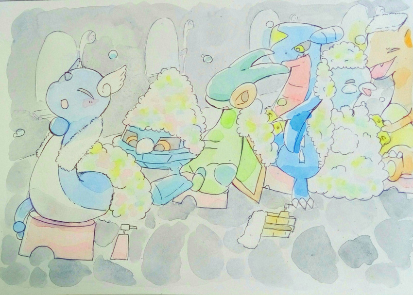 altaria bath bubble charizard chikunoyurigo creatures_(company) dragonair flygon foam game_freak garchomp gen_1_pokemon gen_3_pokemon gen_4_pokemon highres metang nintendo pokemon pokemon_(anime) pokemon_sm_(anime) washing