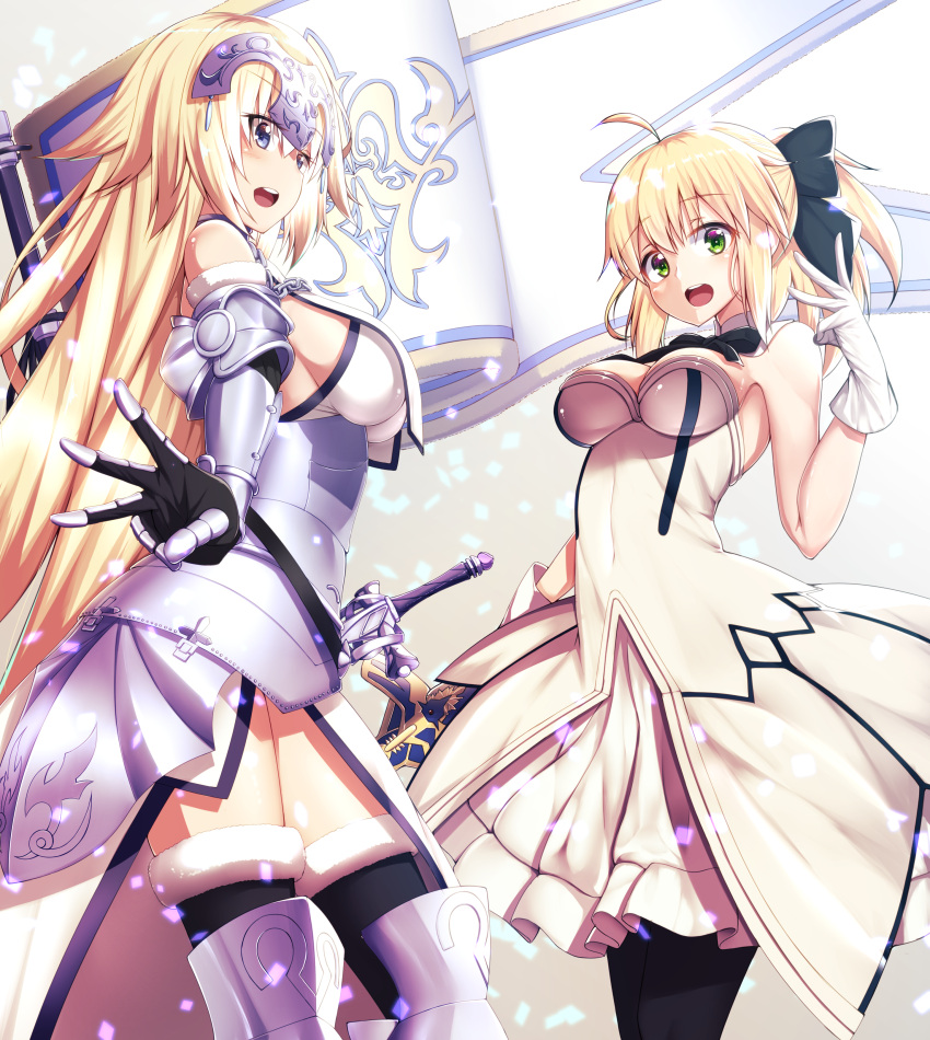 2girls :d absurdres ahoge armor armored_dress artoria_pendragon_(all) banner black_bow black_legwear blonde_hair blue_eyes bow bowtie breasts choker cleavage dress excalibur eyebrows_visible_through_hair fate_(series) fur_trim gauntlets gloves green_eyes hair_between_eyes hair_bow headpiece highres holding holding_sword holding_weapon jeanne_d'arc_(fate) jeanne_d'arc_(fate)_(all) kawaruhi large_breasts long_hair looking_at_viewer medium_breasts multiple_girls open_mouth ponytail saber_lily sideboob skirt sleeveless sleeveless_dress smile standing strapless sword thigh-highs very_long_hair weapon white_dress white_gloves white_skirt