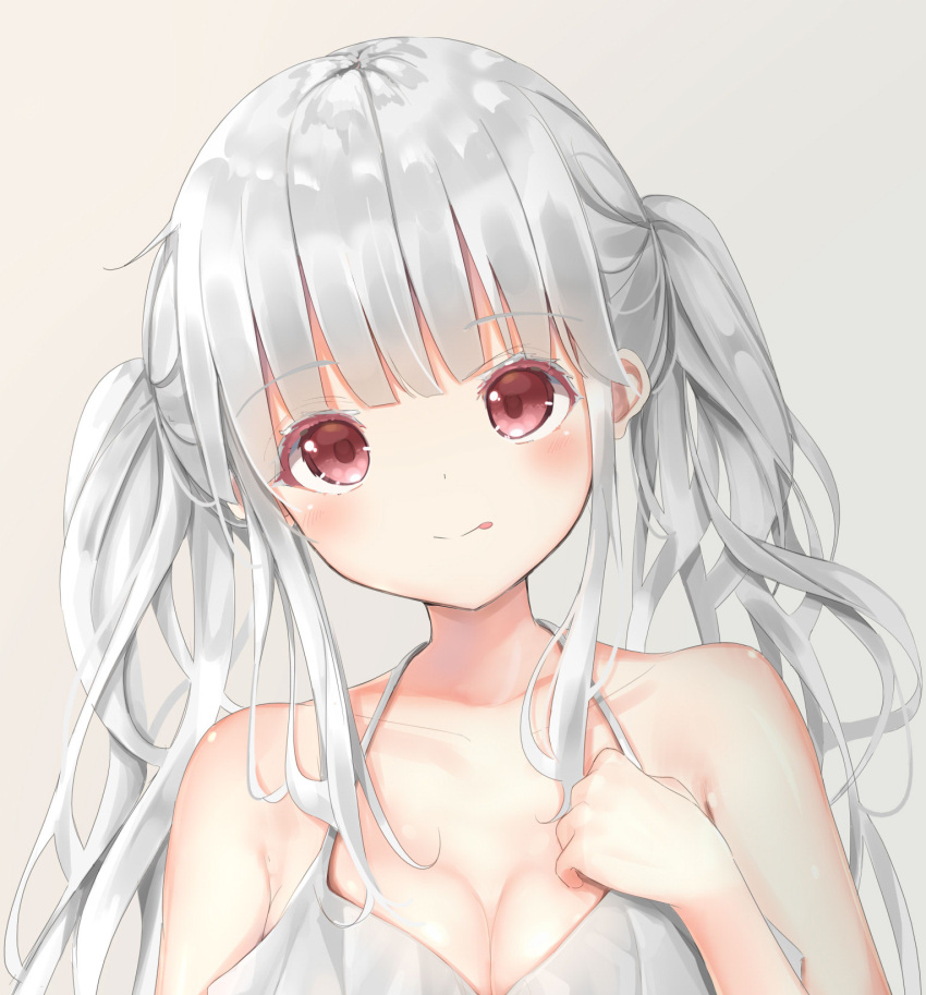 1girl :p bangs bare_shoulders blush breasts cleavage closed_mouth collarbone colored_eyelashes commentary_request dress eyebrows_visible_through_hair grey_background halter_top halterneck hand_up head_tilt highres long_hair looking_at_viewer medium_breasts original red_eyes sashima sidelocks silver_hair simple_background sleeveless sleeveless_dress smile solo tongue tongue_out twintails white_dress