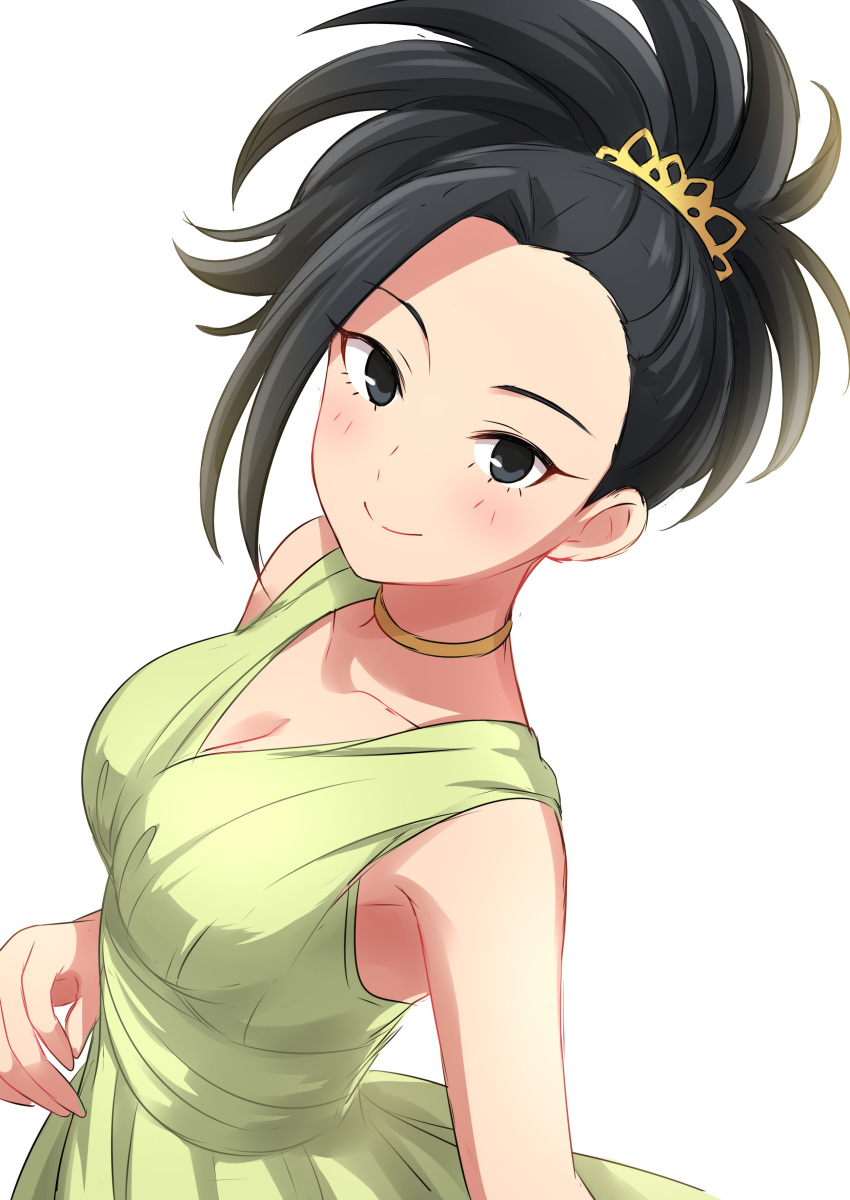 1girl absurdres black_eyes black_hair blush boku_no_hero_academia breasts choker cleavage closed_mouth commentary_request dress green_dress hair_ornament highres jewelry large_breasts looking_at_viewer sekina simple_background sleeveless sleeveless_dress smile solo upper_body white_background yaoyorozu_momo yellow_choker