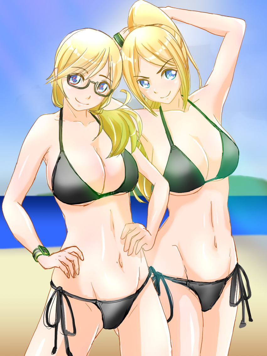 &gt;:) 2girls arms_behind_head ass_visible_through_thighs bikini black_bikini blue_eyes blue_sky breasts claire_thomas cleavage contrapposto emily_thomas eyebrows_visible_through_hair fujish glasses groin groin_tendon hands_on_hips harukana_receive highres large_breasts multiple_girls navel ocean ponytail sand semi-rimless_eyewear sketch sky smile swimsuit under-rim_eyewear