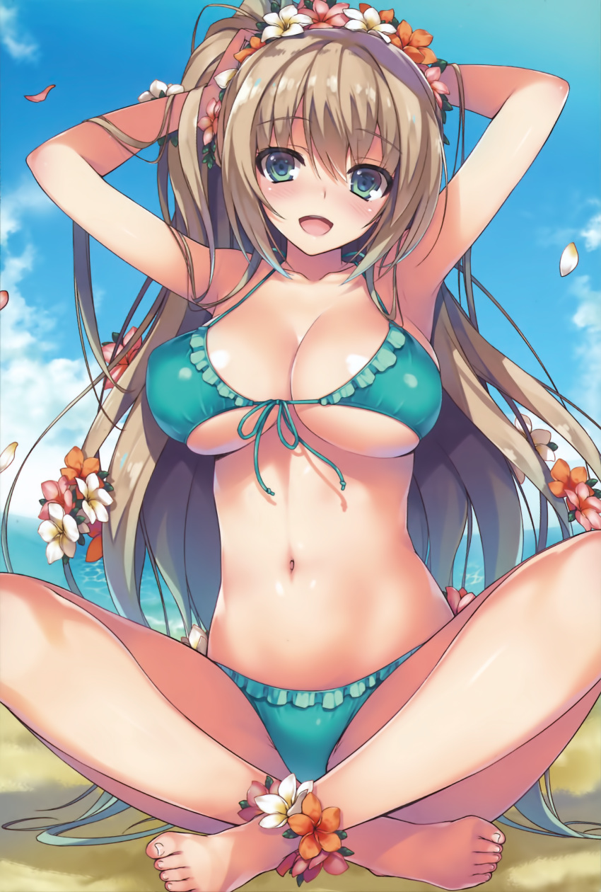 1girl absurdres armpits arms_up bangs bare_shoulders barefoot beach bikini blue_sky blush breasts brown_hair cleavage clouds cloudy_sky collarbone day eyebrows_visible_through_hair flower flower_anklet frilled_bikini frills front-tie_top green_bikini green_eyes hair_flower hair_ornament highres indian_style large_breasts long_hair looking_at_viewer navel ocean open_mouth original outdoors petals scan shiny shiny_skin sitting sky smile solo swimsuit toes tomose_shunsaku very_long_hair water
