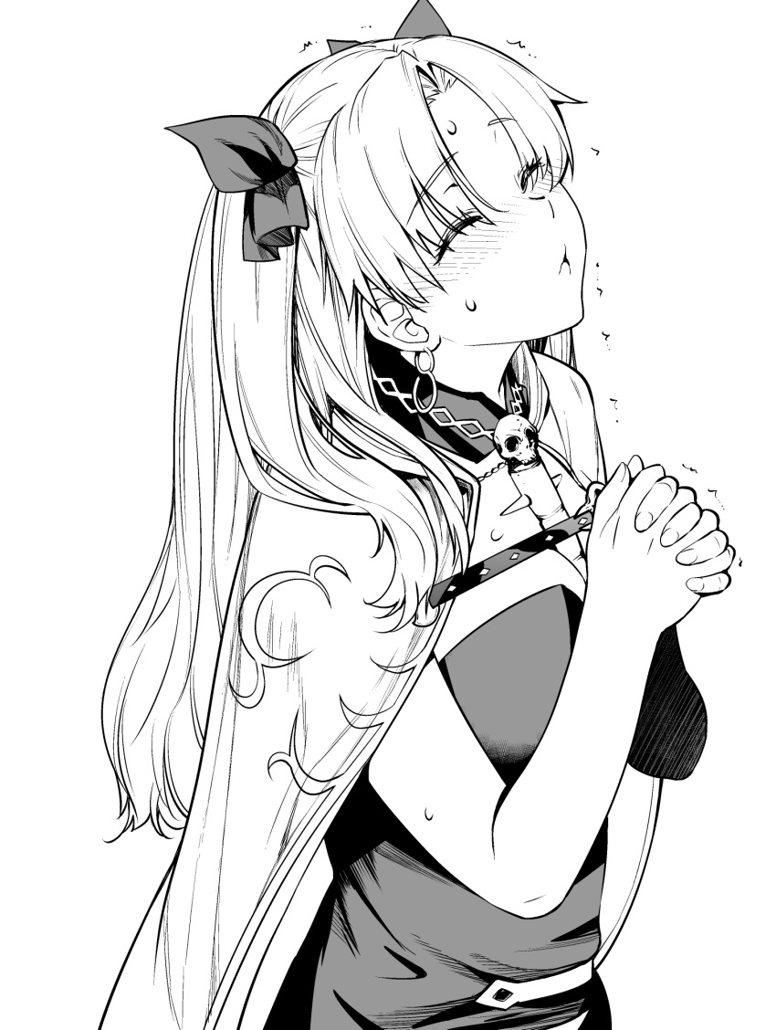 1girl blush closed_eyes commentary_request earrings ereshkigal_(fate) eyebrows_visible_through_hair eyes_visible_through_hair fate/grand_order fate_(series) greyscale highres jewelry kouchaya_kotora long_hair monochrome puckered_lips simple_background skull solo sweat upper_body white_background