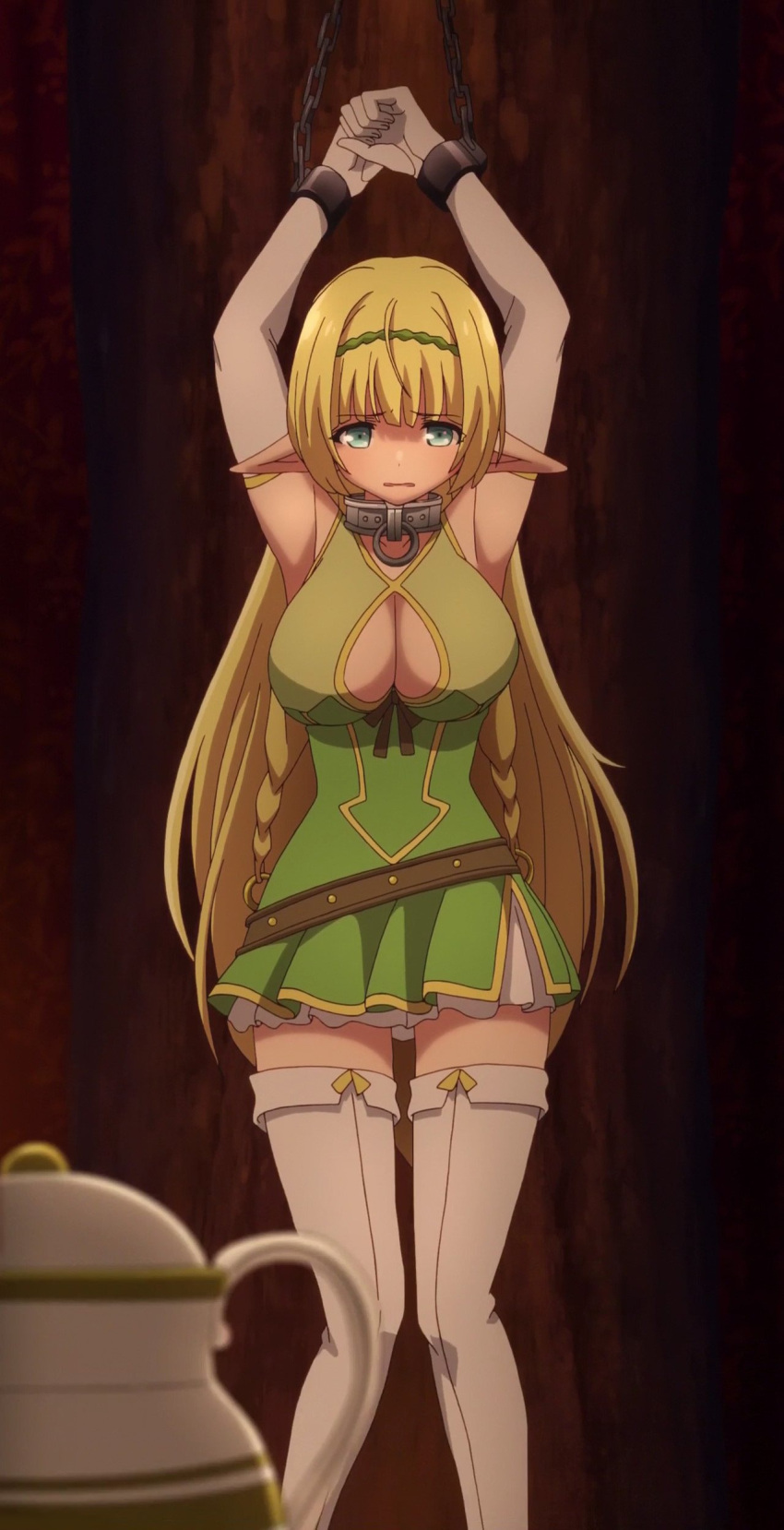 1girl absurdres aqua_eyes blonde_hair boots breasts cleavage elf highres isekai_maou_to_shoukan_shoujo_dorei_majutsu long_hair pleated_skirt pointy_ears screencap shera_l_greenwood skirt thigh-highs thigh_boots