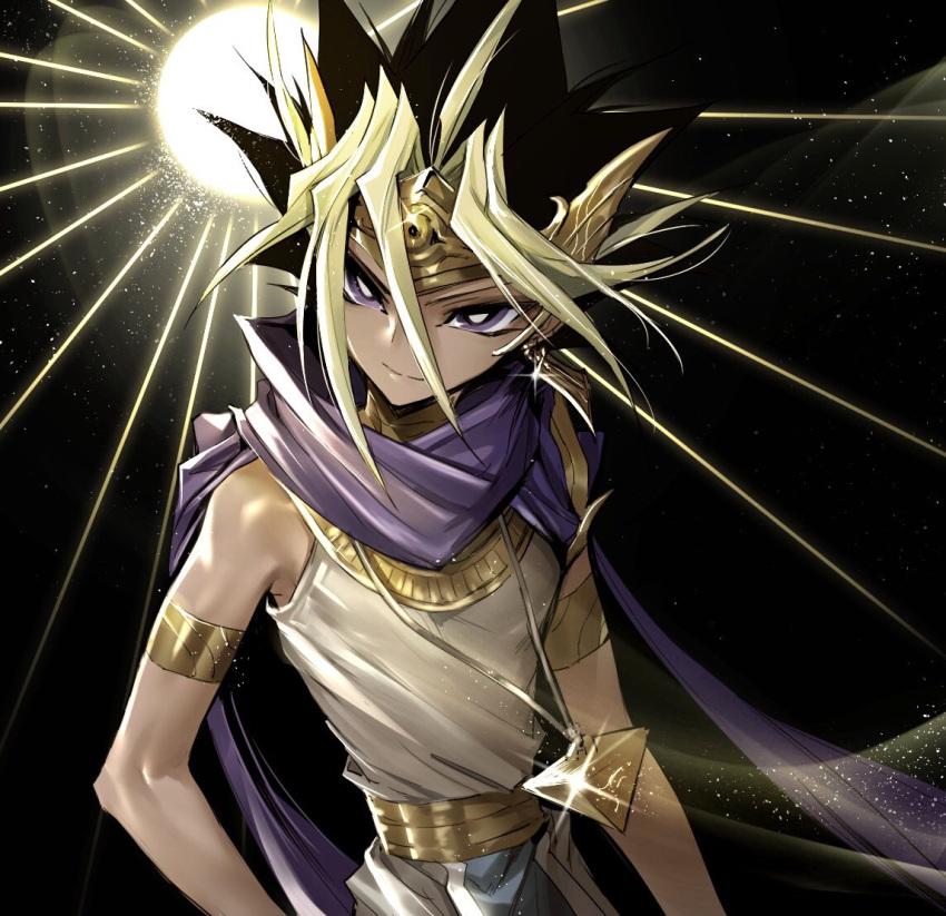 1boy armlet bare_shoulders black_hair blonde_hair blue_scarf bright_pupils closed_mouth commentary_request earrings egyptian_clothes glint hair_between_eyes headpiece jewelry looking_at_viewer male_focus maruchi millennium_puzzle multicolored_hair scarf smile solo two-tone_hair upper_body violet_eyes yami_yuugi yu-gi-oh!