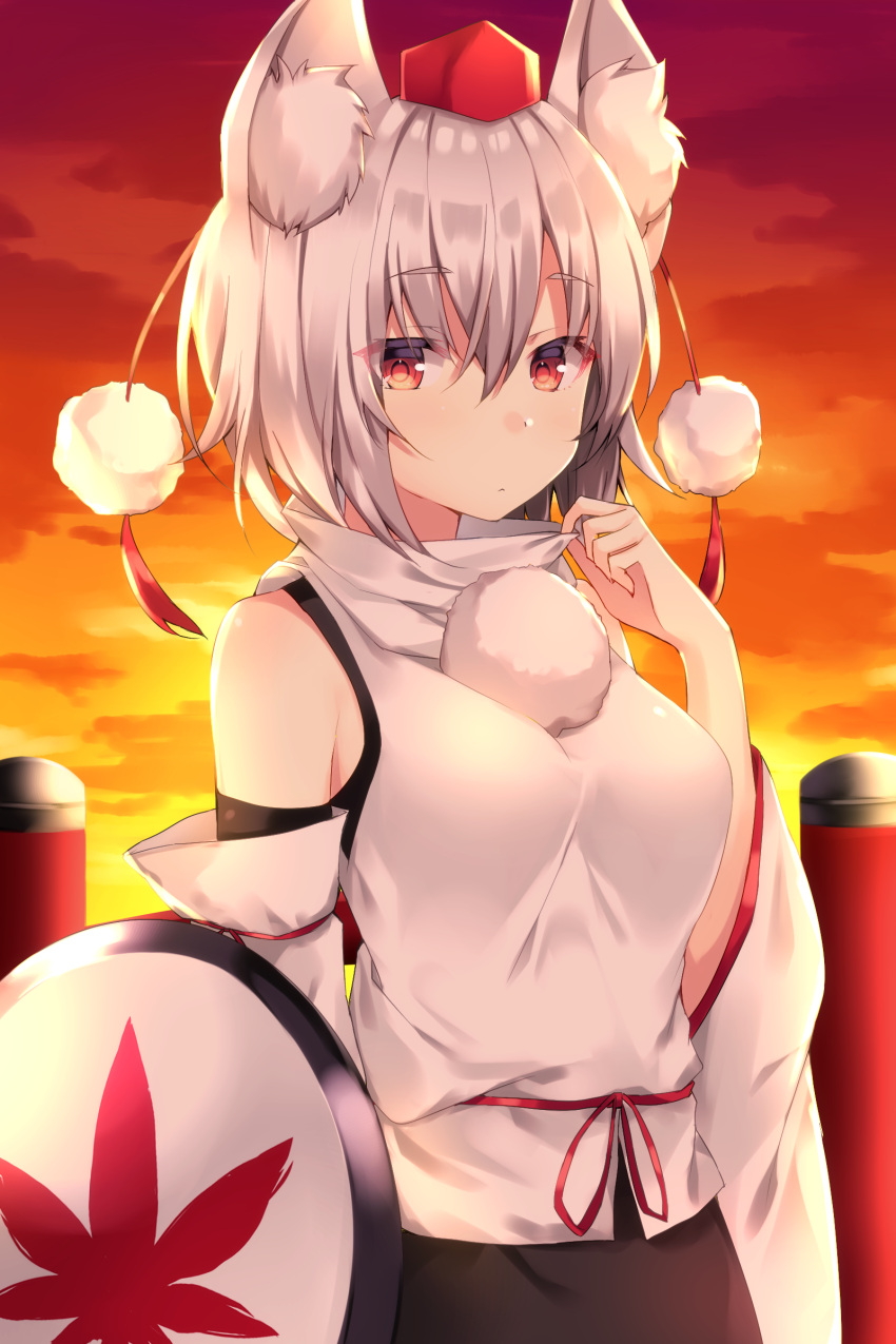 1girl :&lt; absurdres animal_ear_fluff animal_ears bangs bare_shoulders black_hair blush breasts closed_mouth clouds commentary_request evening eyebrows_visible_through_hair gradient_sky grey_hair hair_between_eyes hand_up hat highres inubashiri_momiji komomo_(ptkrx) long_sleeves medium_breasts outdoors pom_pom_(clothes) red_eyes red_hat red_ribbon ribbon shield shiny shiny_hair shirt short_hair sky solo tokin_hat touhou turtleneck upper_body white_shirt wide_sleeves wolf_ears wolf_girl