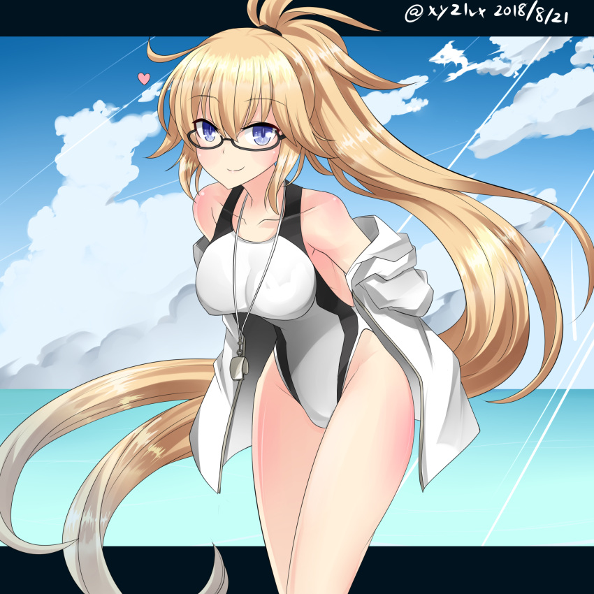 1girl bangs bare_shoulders black-framed_eyewear blonde_hair blue_eyes blue_sky breasts casual_one-piece_swimsuit closed_mouth clouds cloudy_sky commentary_request day eyebrows_visible_through_hair fate/grand_order fate_(series) glasses groin hair_between_eyes hebitsukai-san highres horizon jacket jeanne_d'arc_(fate)_(all) jeanne_d'arc_(swimsuit_archer) large_breasts long_hair ocean off_shoulder one-piece_swimsuit outdoors sky smile solo swimsuit twitter_username very_long_hair water whistle white_jacket white_swimsuit