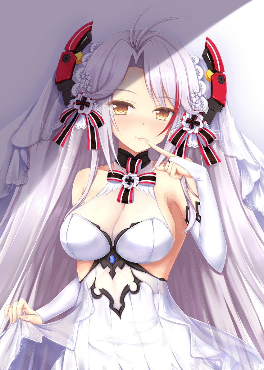 1girl adapted_costume alternate_costume antenna_hair armpits azur_lane bangs bare_shoulders between_legs blush breasts bridal_gauntlets bridal_veil brown_eyes cleavage collarbone dress dress_lift eyebrows_visible_through_hair finger_to_mouth flower gloves hair_between_eyes hair_ornament headgear highres iron_cross jewelry large_breasts lifted_by_self long_hair looking_at_viewer mole mole_on_breast multicolored_hair nail_polish nanairo_fuusen no_bra parted_lips prinz_eugen_(azur_lane) redhead ribbon see-through silver_hair smile solo streaked_hair tears two_side_up veil very_long_hair wedding_dress white_dress white_flower white_gloves white_hair