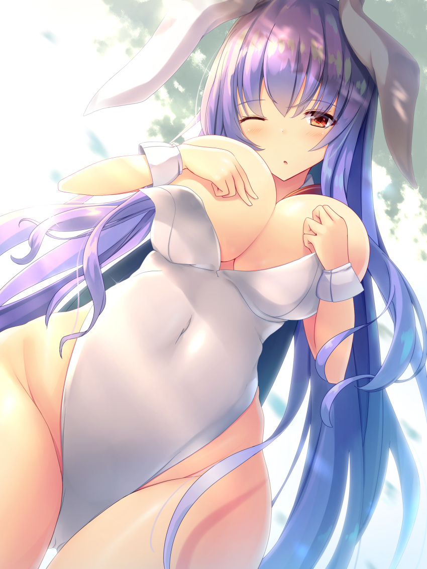 1girl absurdres animal_ears bangs black_legwear blush breast_lift breasts bunnysuit covered_navel dutch_angle eyebrows_visible_through_hair fishnet_pantyhose fishnets highres large_breasts leotard liya long_hair looking_at_viewer one_eye_closed pantyhose parted_lips purple_hair rabbit_ears red_eyes reisen_udongein_inaba solo touhou very_long_hair white_leotard wrist_cuffs