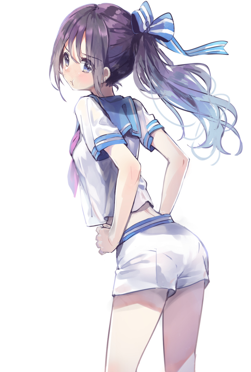 1girl :t bangs blue_bow blue_eyes blue_sailor_collar blush bow brown_hair closed_mouth commentary_request eyebrows_visible_through_hair hair_between_eyes hair_bow highres leaning_forward long_hair looking_at_viewer looking_back neckerchief original pomu ponytail pout purple_neckwear sailor_collar school_uniform serafuku shirt short_shorts short_sleeves shorts simple_background solo striped striped_bow white_background white_shirt white_shorts