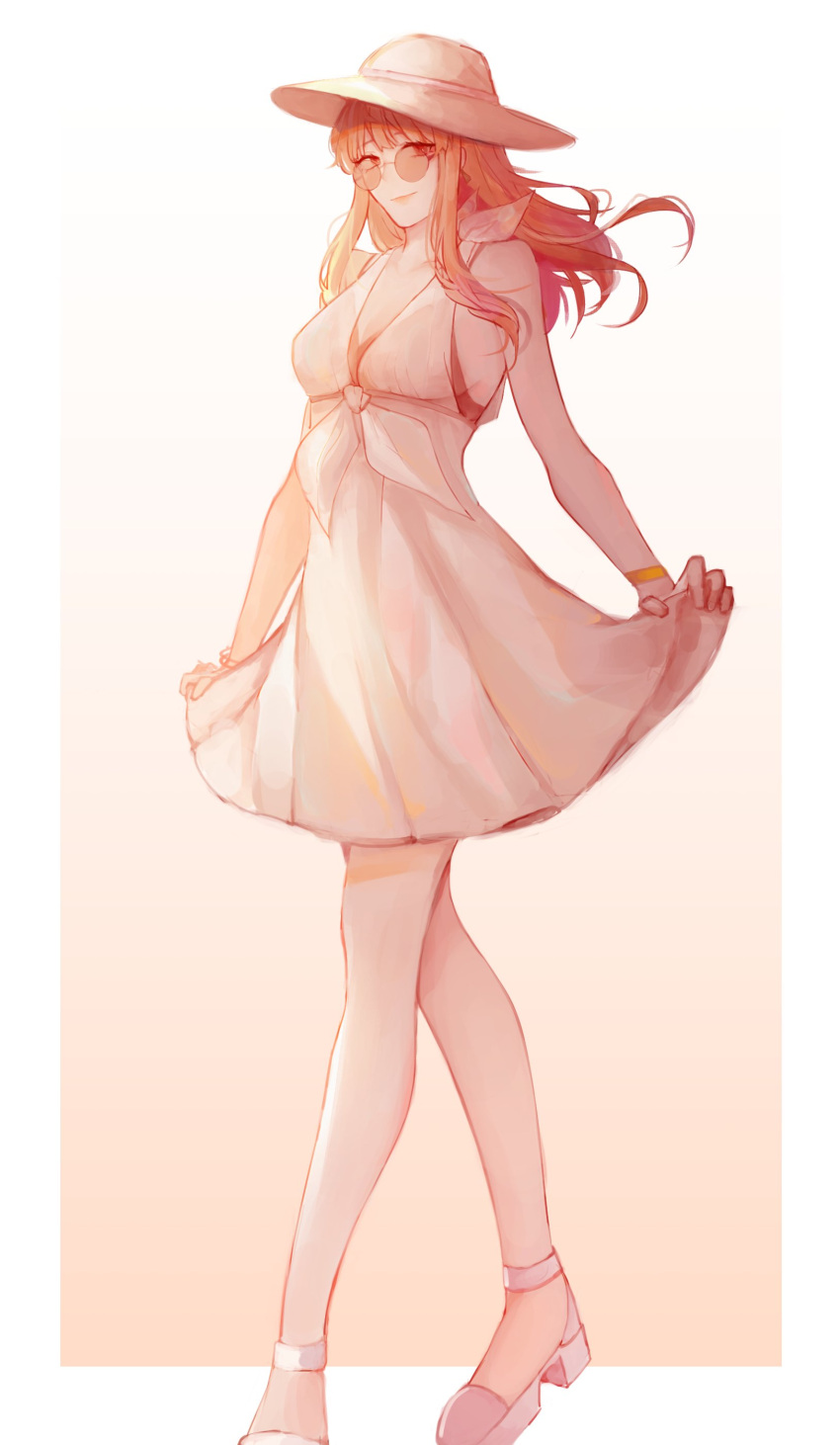 1girl absurdres alternate_costume bracelet celica_(fire_emblem) closed_mouth dress fire_emblem fire_emblem_echoes:_mou_hitori_no_eiyuuou hat high_heels highres jewelry long_hair moumomilk redhead simple_background solo sun_hat sunglasses white_dress white_hat