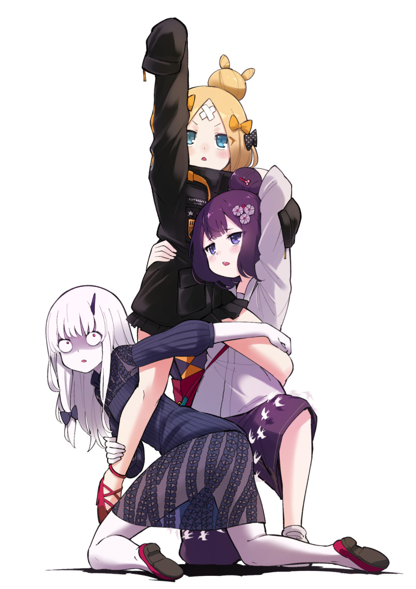 3girls abigail_williams_(fate/grand_order) albino alphy arm_up bandaid bandaid_on_forehead bangs bent_over black_jacket blue_eyes blush bow commentary_request eyebrows_visible_through_hair fate/grand_order fate_(series) full_body gundam gundam_narrative hair_bow hair_bun hair_ornament hairclip highres horn jacket katsushika_hokusai_(fate/grand_order) kneeling lavinia_whateley_(fate/grand_order) long_hair long_sleeves looking_at_viewer multiple_girls open_mouth orange_bow pale_skin pants parody parted_bangs pleated_skirt polka_dot polka_dot_bow pose purple_hair red_eyes ribbed_sweater see-through shaded_face shoes short_hair simple_background skirt sleeves_past_fingers sleeves_past_wrists standing sweater white_background white_hair wide-eyed