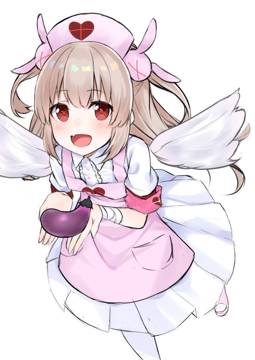 &gt;_&lt; 1girl :d absurdres apron armband bandage bandaged_arm bandages bangs blush bunny_hair_ornament collared_shirt detached_wings eggplant eyebrows_visible_through_hair fang feathered_wings hair_between_eyes hair_ornament hashiko_nowoto hat heart highres light_brown_hair long_hair natori_sana nurse_cap open_mouth pantyhose pink_apron pink_footwear pink_hat pleated_skirt red_eyes sana_channel shirt short_sleeves sidelocks simple_background skirt smile solo standing standing_on_one_leg two_side_up very_long_hair virtual_youtuber white_background white_legwear white_shirt white_skirt white_wings wings