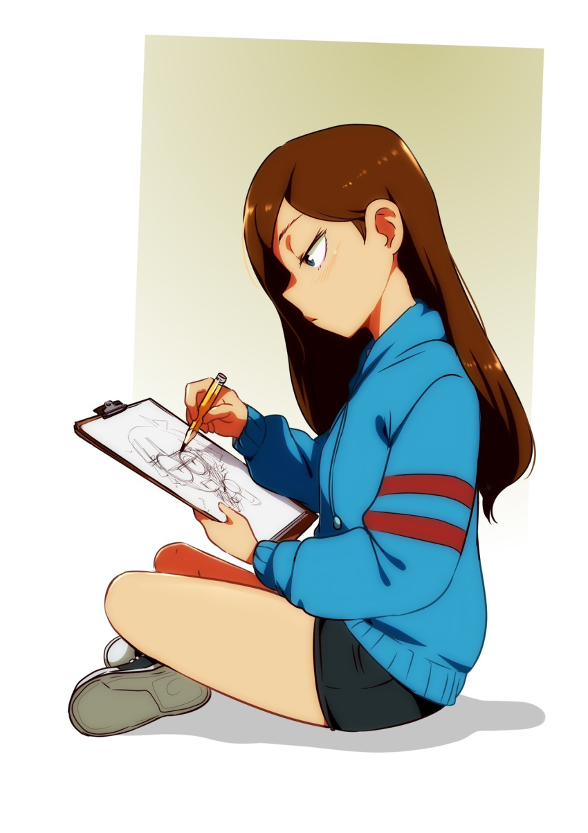1girl blue_eyes brown_hair clipboard commission drawing from_side highres indian_style jcm2 lisa_loud long_hair original pencil profile shoes short_shorts shorts sitting sketching sneakers solo sweater the_loud_house