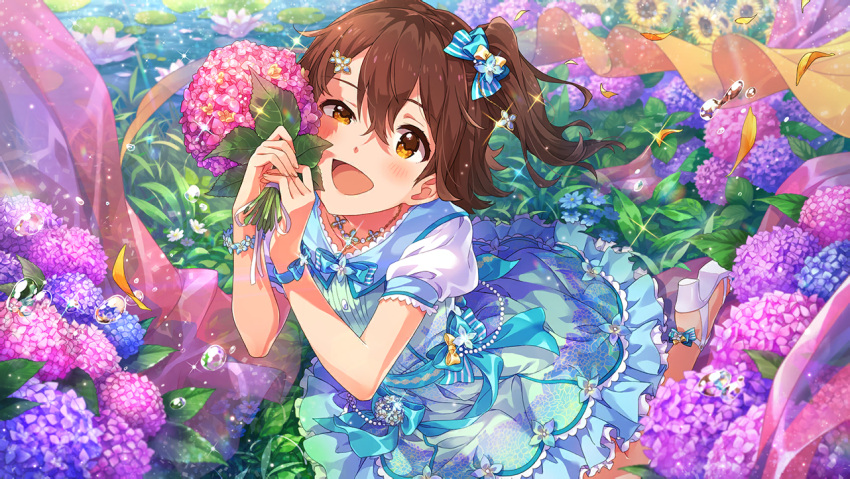 blush bouquet brown_eyes brown_hair dress idolmaster idolmaster_million_live! idolmaster_million_live!_theater_days kasuga_mirai short_hair side_ponytail smile wink