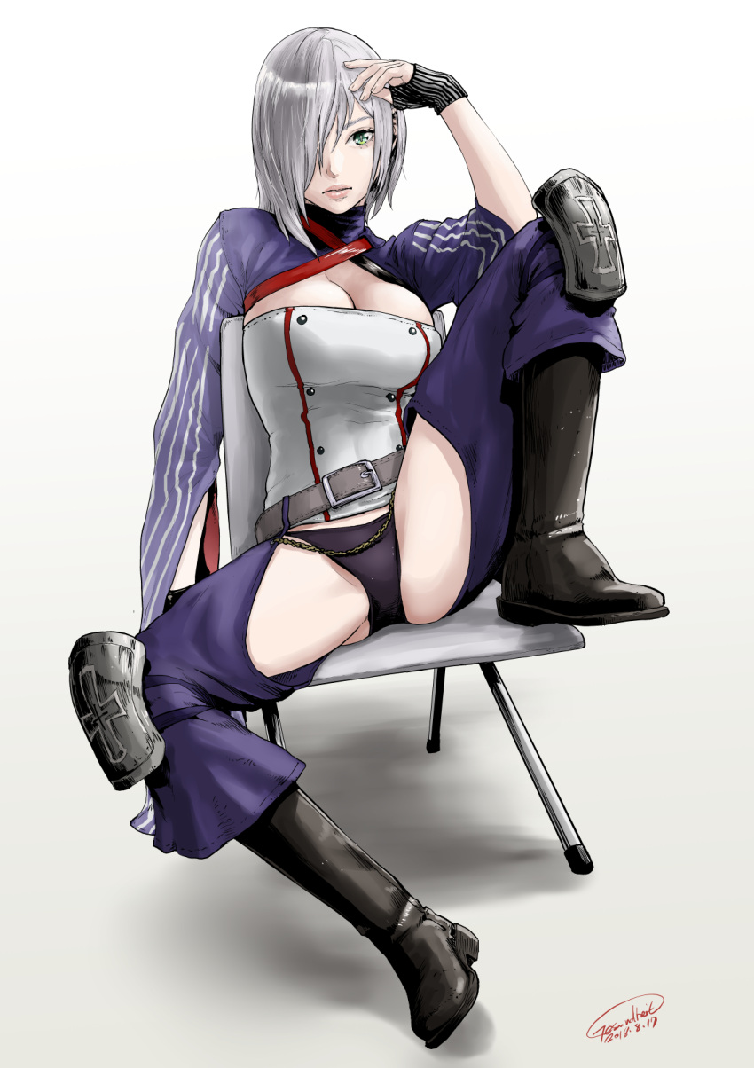 1girl boots breasts chair cleavage fingerless_gloves gesundheit_(artist) girls_frontline gloves green_eyes hair_over_one_eye highres knee_pads lips mg5 mg5_(girls_frontline) signature silver_hair sittig solo spread_legs weapon white_background