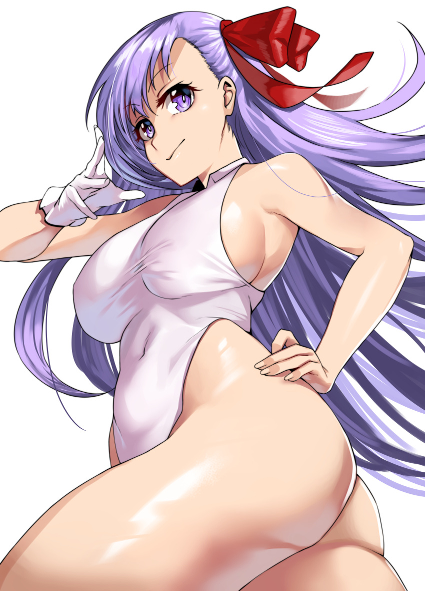 1girl absurdres bare_shoulders bb_(fate/extra_ccc) bb_(swimsuit_mooncancer)_(fate) breasts covered_navel fate/grand_order fate_(series) gloves highres kisaragi_(legobionicle23) large_breasts leotard long_hair looking_at_viewer purple_hair shiny shiny_hair shiny_skin sideboob simple_background single_glove smile solo standing swimsuit taut_clothes very_long_hair violet_eyes white_background white_leotard