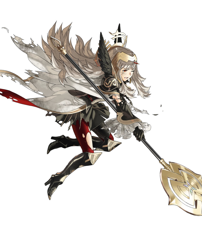 1girl armor armored_boots black_gloves boots breastplate cape fire_emblem fire_emblem_heroes full_body gloves hair_ornament high_heels highres holding kozaki_yuusuke official_art redhead shoulder_armor shoulder_pads silver_hair solo staff transparent_background veronica_(fire_emblem) wide_sleeves