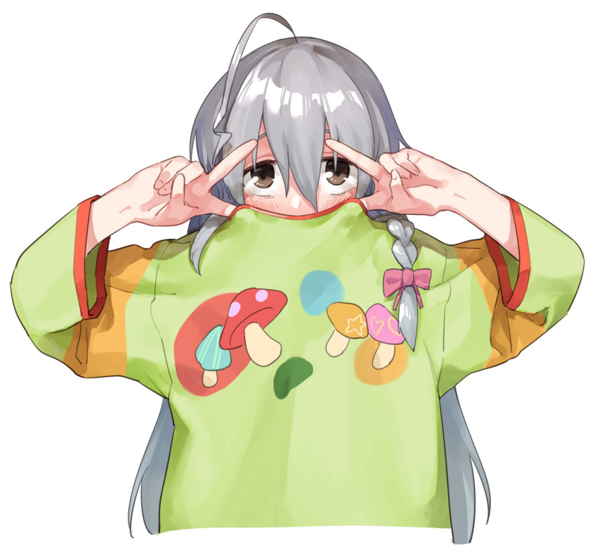 1girl ahoge blush brown_eyes commentary_request copyright_request covering_mouth double_v embarrassed green_shirt grey_hair hair_between_eyes hands_up highres long_hair long_sleeves looking_at_viewer muchi_maro ribbon shirt simple_background solo upper_body v v_over_eye white_background