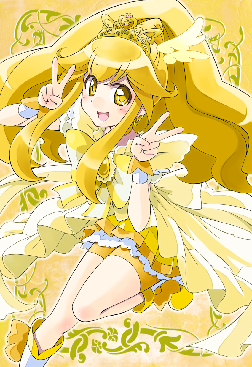 1girl :d bike_shorts blonde_hair blush boots bow choker commentary_request cure_peace double_v dress earrings eyebrows_visible_through_hair hair_flaps highres jewelry kise_yayoi leg_up long_hair looking_at_viewer magical_girl open_mouth pika_pika_pikarin_jankenpon precure princess_form_(smile_precure!) satogo shorts shorts_under_skirt skirt smile smile_precure! solo tiara v wide_ponytail wrist_cuffs yellow yellow_bow yellow_choker yellow_eyes yellow_shorts yellow_skirt
