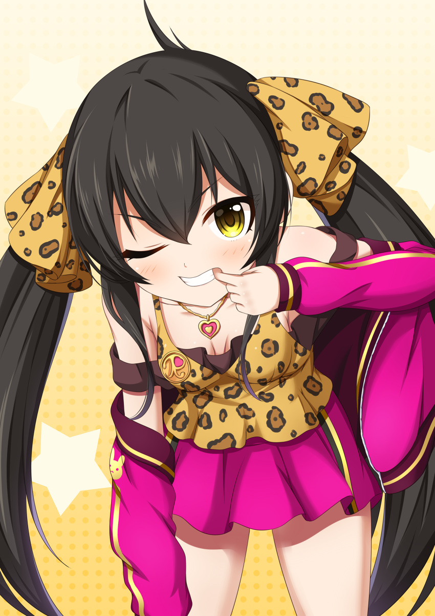 1girl animal_print black_hair clenched_teeth commentary_request eyebrows_visible_through_hair hair_between_eyes hair_ribbon heart heart_necklace highres idolmaster idolmaster_cinderella_girls leaning_forward leopard_print long_hair looking_at_viewer matoba_risa morokoshi_(tekku) one_eye_closed print_ribbon ribbon solo teeth twintails v-shaped_eyebrows very_long_hair yellow_eyes