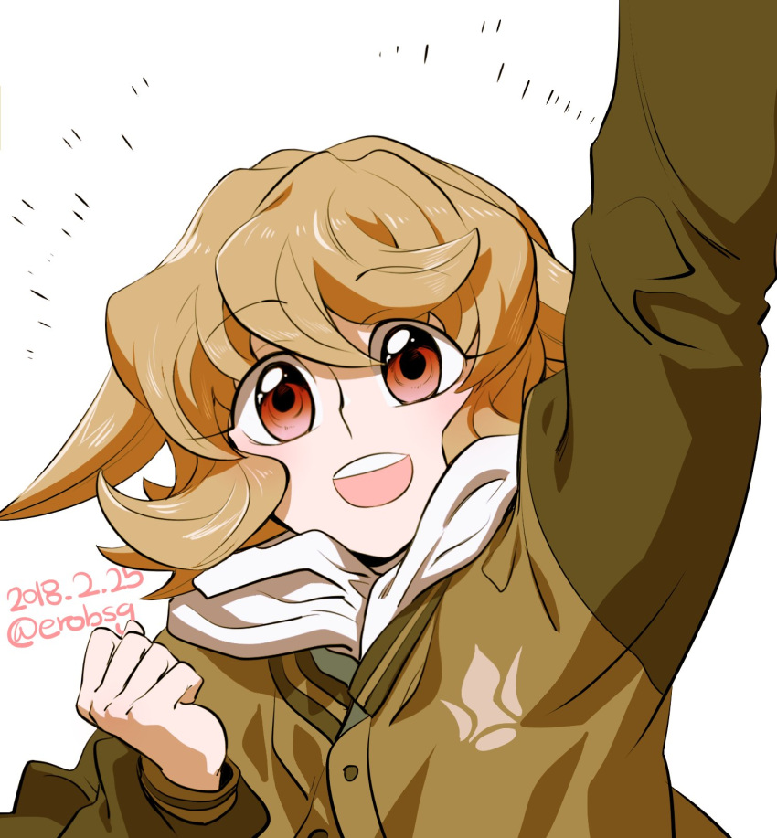 1girl 302 arm_up atra_mixta clenched_hands dated gundam gundam_tekketsu_no_orphans highres jacket light_brown_hair open_mouth red_eyes scarf smile solo twitter_username upper_body white_scarf