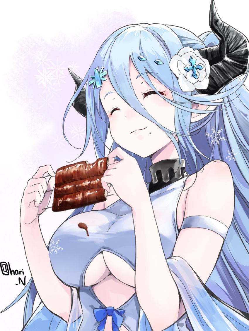 1girl armband bare_shoulders blue_hair blush breasts closed_eyes draph eating flower food granblue_fantasy hair_between_eyes hair_flower hair_ornament halterneck highres horns izmir large_breasts long_hair mole mole_under_mouth nino_(shira) pointy_ears ponytail sash simple_background smile snowflake_hair_ornament snowflakes solo swimsuit under_boob underboob_cutout very_long_hair white_background white_swimsuit