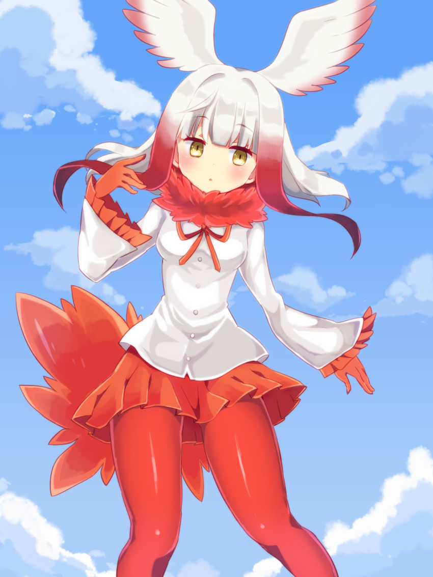 1girl :o bangs bird_tail bird_wings blue_sky blunt_bangs blush breasts clouds day dot_nose eyebrows_visible_through_hair feather_collar frilled_sleeves frills gloves gradient_hair hair_intakes head_wings highres japanese_crested_ibis_(kemono_friends) kemono_friends long_hair long_sleeves miniskirt mugi_(user_khzh5853) multicolored_hair open_mouth orange_gloves orange_ribbon orange_skirt outdoors pantyhose pleated_skirt red_legwear redhead ribbon shirt skirt sky small_breasts solo tail white_hair white_shirt wide_sleeves wings yellow_eyes