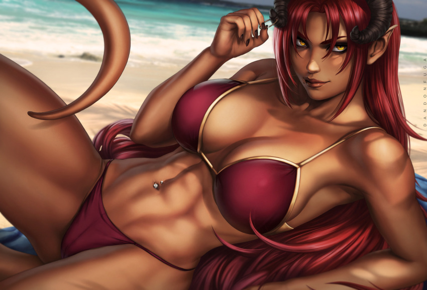 1girl artist_name audelia beach bikini blurry blurry_background breasts cleavage dandon_fuga dark_skin demon_girl demon_horns horn_piercing horns jewelry large_breasts lips long_hair looking_at_viewer lying navel_piercing on_side original piercing pointy_ears red_bikini redhead smile solo succubus swimsuit tail yellow_eyes