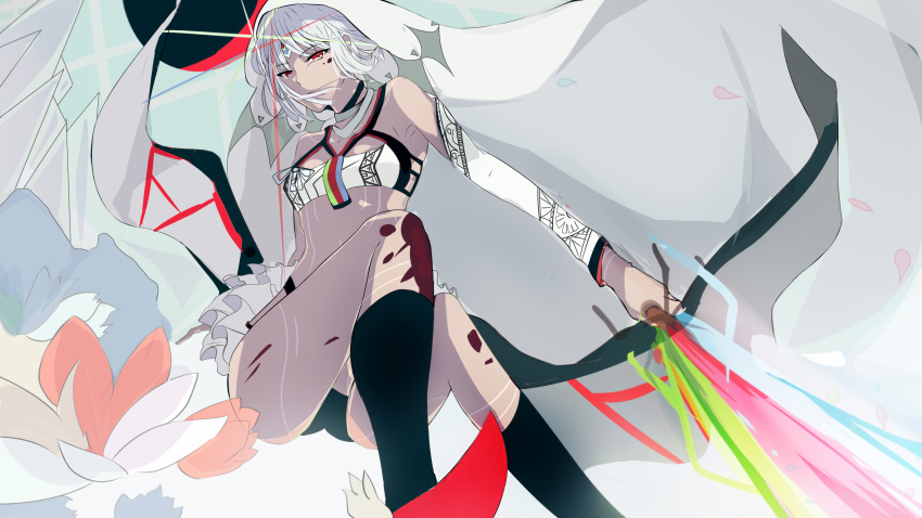 1girl altera_(fate) armpits bangs bare_shoulders blood choker closed_mouth dark_skin detached_sleeves eyebrows_visible_through_hair fate/extella fate/extra fate/grand_order fate_(series) fighting_stance full_body_tattoo hair_over_face headdress highres holding holding_sword holding_weapon jewelry legs looking_at_viewer midriff niarss petals photon_ray red_footwear shiny shiny_hair short_hair socks solo sword tagme tan tattoo thighs underwear weapon white_hair