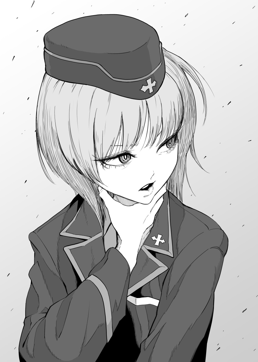 1girl absurdres bangs commentary dress_shirt emblem garrison_cap girls_und_panzer gradient gradient_background greyscale hand_on_own_throat hat highres jacket kuromorimine_military_uniform long_sleeves looking_to_the_side military military_hat military_uniform monochrome nishizumi_miho open_mouth shirt short_hair solo standing tocky uniform upper_body wind