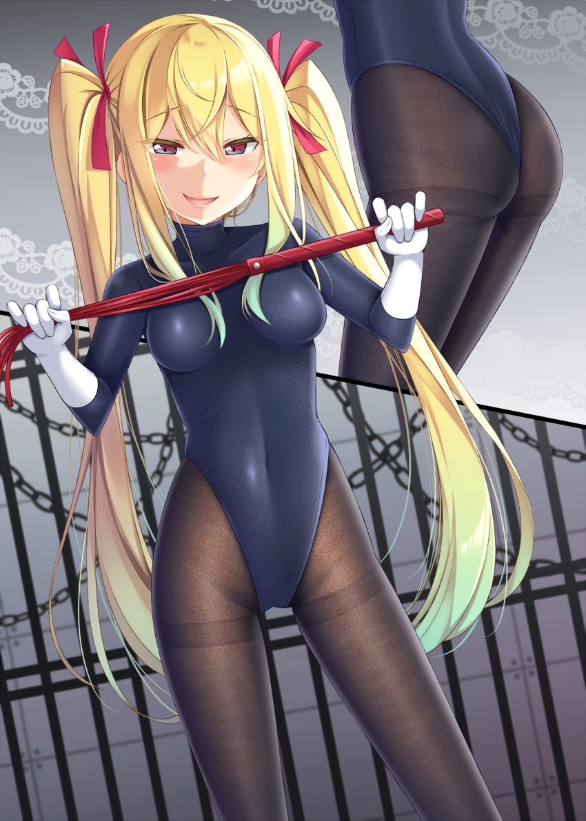 1girl ass bangs black_leotard blonde_hair blush breasts brown_legwear chains commentary_request dutch_angle elbow_gloves eyebrows_visible_through_hair gloves gradient_hair green_hair gurande_(g-size) hair_between_eyes hair_ribbon half-closed_eyes highres holding leotard long_hair medium_breasts multicolored_hair multiple_views original pantyhose parted_lips red_eyes red_ribbon ribbon sidelocks smile thighband_pantyhose twintails very_long_hair white_gloves