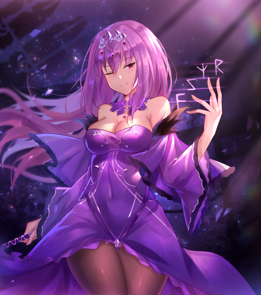 1girl bangs bare_shoulders black_fire_(peter02713) blush breasts cleavage closed_mouth covered_navel detached_collar dress fate/grand_order fate_(series) fur_trim hair_between_eyes highres jewelry large_breasts long_hair one_eye_closed pantyhose pendant purple_dress purple_hair red_eyes runes scathach_(fate)_(all) scathach_skadi_(fate/grand_order) smile solo thighs tiara wand wide_sleeves