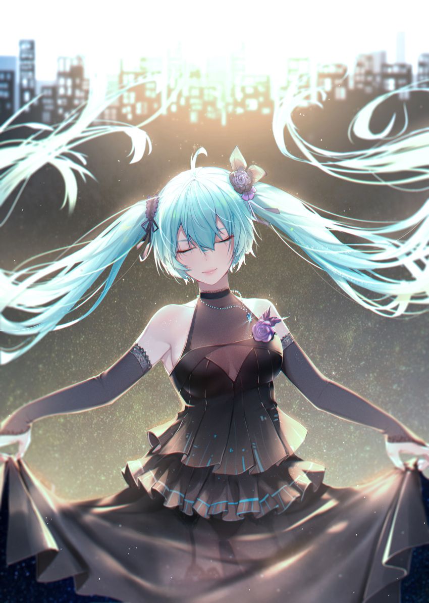 1girl absurdres ahoge aqua_hair armpits bangs bare_shoulders black_dress black_legwear black_panties breasts bridal_gauntlets character_name cityscape cleavage closed_eyes closed_mouth copyright_name dress facing_viewer flower garter_straps glint hair_between_eyes hair_flower hair_ornament hatsune_miku highres jewelry koi_han layered_dress light long_hair medium_breasts necklace panties pendant pink_lips purple_flower purple_rose rose see-through signature skirt_hold smile solo thigh-highs twintails underwear very_long_hair vocaloid