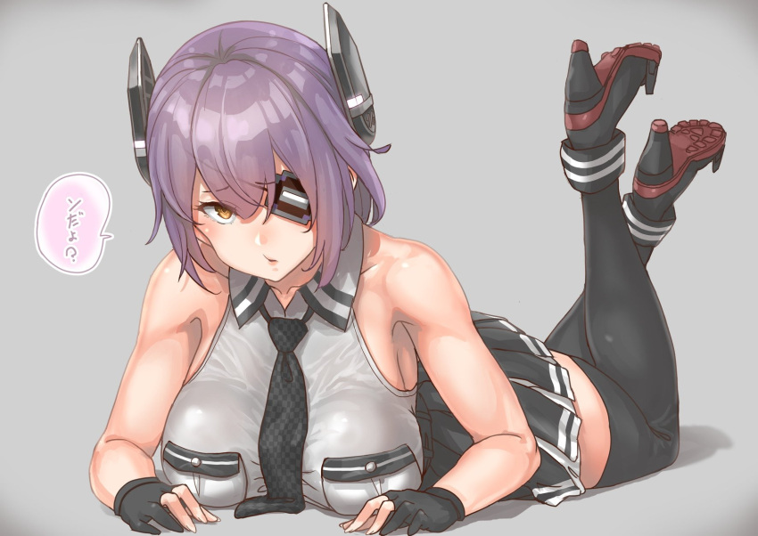 1girl bare_shoulders black_footwear black_gloves black_skirt boots breasts checkered checkered_neckwear collarbone collared_vest eyepatch full_body gloves grey_background grey_vest headgear highres kantai_collection large_breasts looking_at_viewer lying necktie on_stomach parted_lips partly_fingerless_gloves pleated_skirt purple_hair rudder_shoes short_hair sideboob simple_background skirt solo speech_bubble striped striped_skirt tenryuu_(kantai_collection) thigh-highs thigh_boots translated uru_(uru0000) vest yellow_eyes