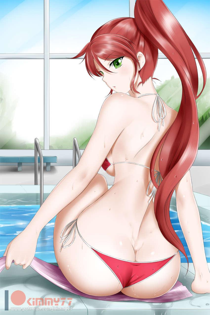 1girl alfred_cullado ass bare_shoulders bikini breasts butt_crack from_behind green_eyes hair_between_eyes highres indoors long_hair looking_at_viewer looking_back medium_breasts parted_lips ponytail pool poolside pyrrha_nikos red_bikini redhead rwby shiny shiny_hair shiny_skin side-tie_bikini solo swimsuit towel very_long_hair water wet