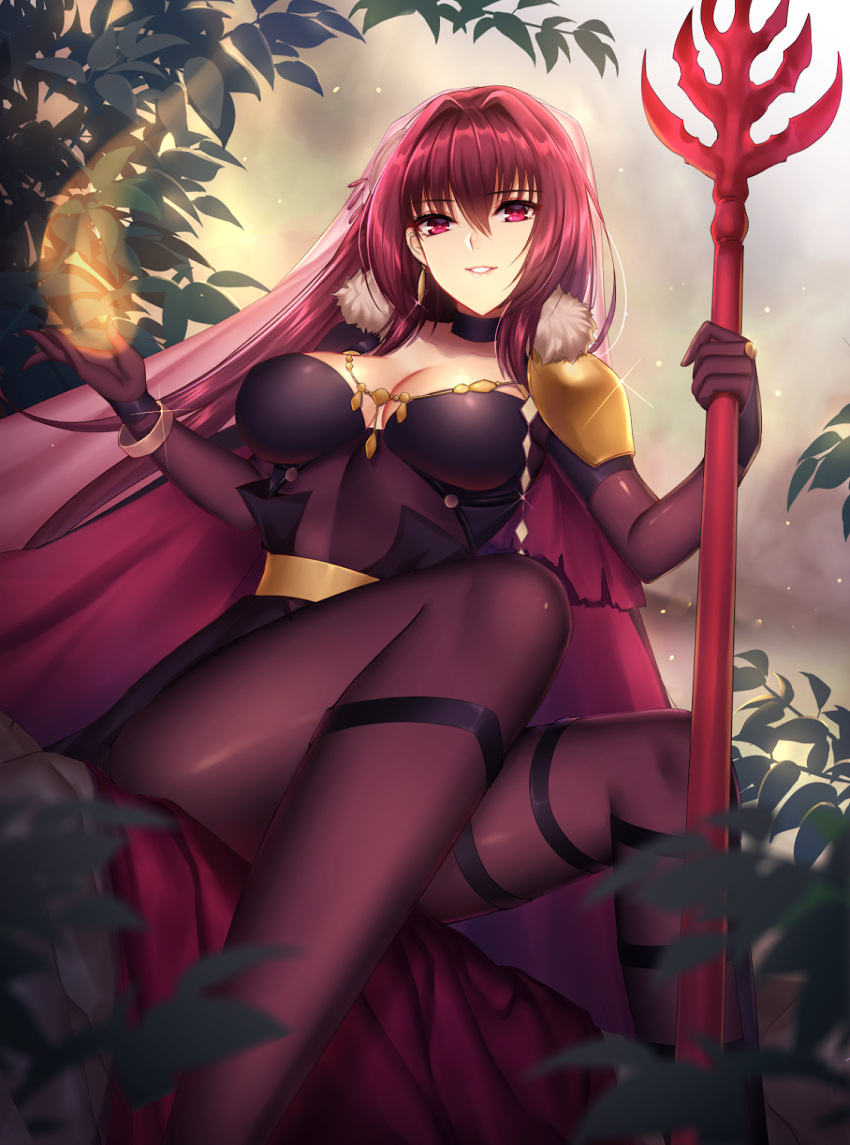 1girl bangs black_choker bodysuit breasts choker collarbone commentary english_commentary eyebrows_visible_through_hair fate/grand_order fate_(series) fur_trim hair_between_eyes hair_intakes hands_up highres holding holding_weapon large_breasts leaf long_hair looking_at_viewer magic mallizmora parted_lips pauldrons purple_bodysuit red_eyes redhead scathach_(fate)_(all) scathach_(fate/grand_order) sitting smile solo very_long_hair weapon