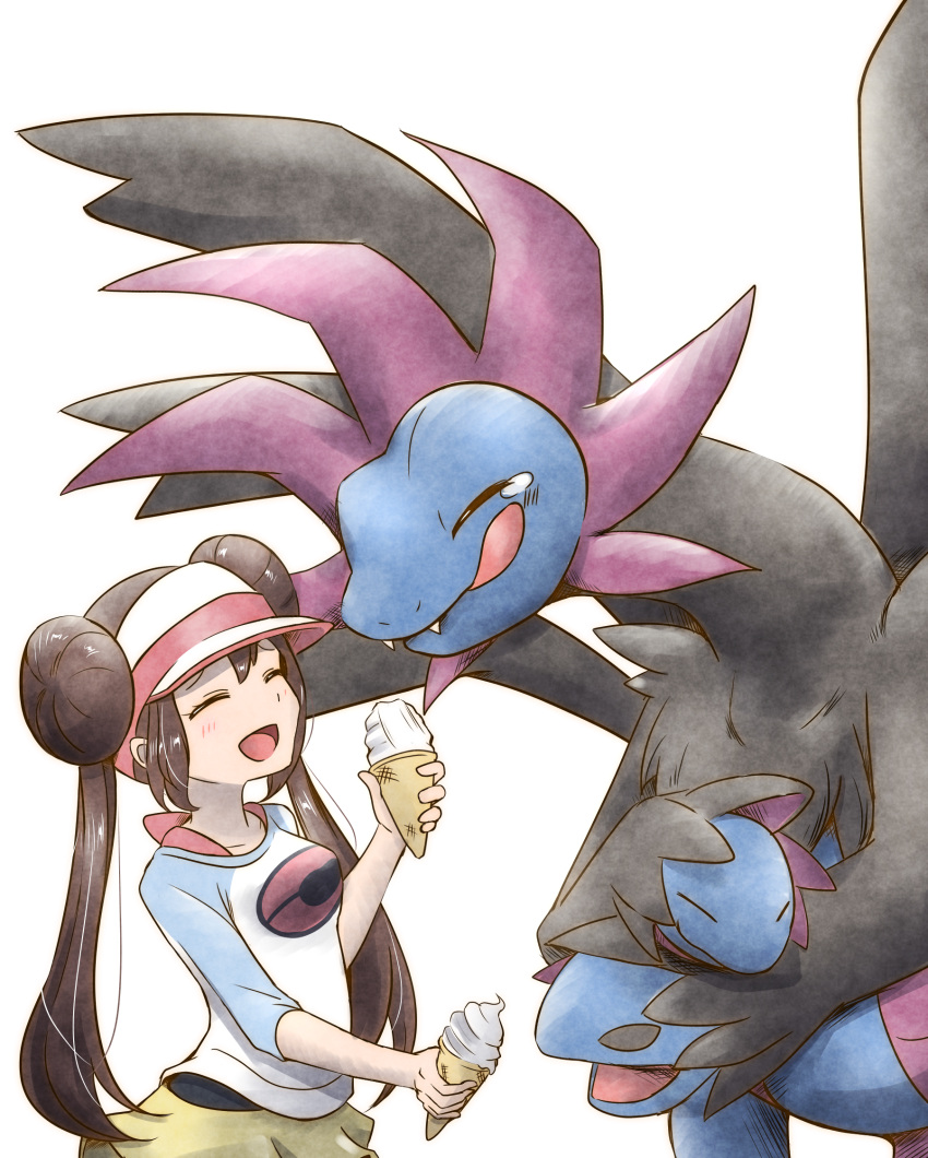 1girl ^_^ brown_hair closed_eyes closed_eyes closed_mouth creatures_(company) double_bun dragon face-to-face finger_licking food game_freak gen_5_pokemon hand_up happy highres holding holding_food hydreigon ice_cream ice_cream_cone kashiwa_(3920kashiwa) licking long_hair mei_(pokemon) multiple_heads nintendo open_mouth pokemon pokemon_(creature) pokemon_(game) raglan_sleeves shirt short_sleeves sidelocks simple_background size_difference smile soft_serve tearing_up tongue tongue_out twintails upper_body very_long_hair visor_cap white_background |d