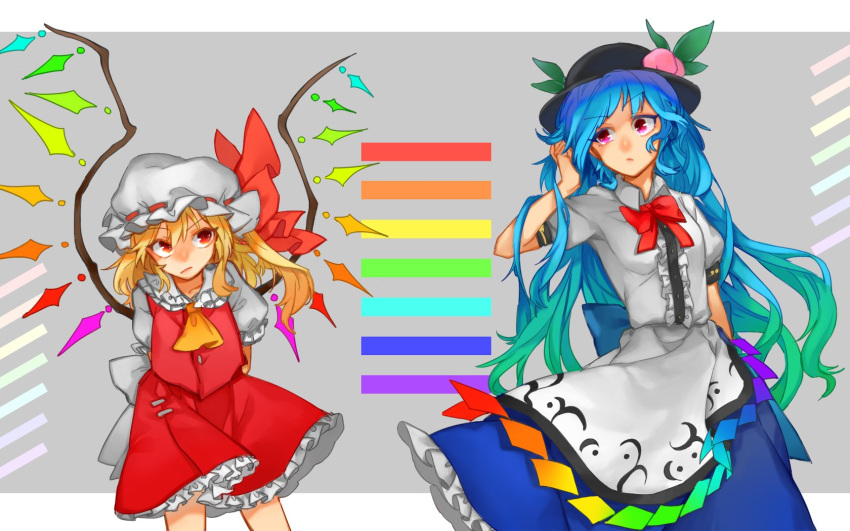 2girls ascot bangs black_hat blonde_hair blouse blue_hair blue_skirt bow bowtie buttons commentary crystal flandre_scarlet food frilled_shirt frilled_shirt_collar frilled_skirt frilled_sleeves frills fruit hat hat_ribbon highres hinanawi_tenshi leaf long_hair looking_at_another medium_hair mob_cap multiple_girls peach puffy_short_sleeves puffy_sleeves rainbow_gradient rainbow_order red_bow red_eyes red_ribbon red_skirt red_vest ribbon shidaccc shirt short_sleeves side_ponytail simple_background skirt standing touhou upper_body very_long_hair vest white_blouse white_shirt wings yellow_neckwear