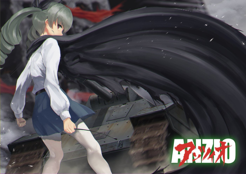 1girl anchovy anzio_school_uniform bangs belt black_belt black_cape black_ribbon black_skirt blurry blurry_background cape carro_armato_p40 clenched_hand covering_mouth depth_of_field dress_shirt drill_hair from_behind girls_und_panzer green_hair ground_vehicle hair_ribbon holding long_hair long_sleeves looking_at_viewer looking_back military military_vehicle miniskirt motion_blur motor_vehicle pantyhose pleated_skirt red_eyes ribbon riding_crop romaji satou_pikuta school_uniform shirt skirt solo standing tank twin_drills twintails white_legwear white_shirt wind