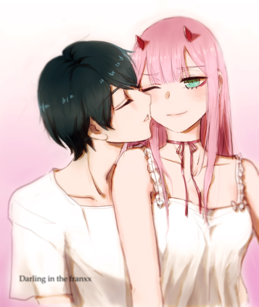 1boy 1girl absurdres bangs bare_shoulders black_hair blush closed_eyes collarbone commentary copyright_name couple darling_in_the_franxx english_commentary eyebrows_visible_through_hair green_eyes hetero highres hiro_(darling_in_the_franxx) horns long_hair milkoko one_eye_closed oni_horns pink_hair red_horns shirt short_hair short_sleeves sleeveless white_nightgown white_pajamas white_shirt zero_two_(darling_in_the_franxx)