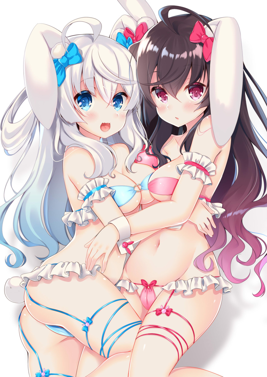 2girls :d ahoge animal_ears arm_garter ass bangs bikini blue_bikini blue_bow blue_eyes blush bow bow_bikini breasts brown_hair bunny_tail cleavage collarbone commentary_request cowboy_shot eyebrows_visible_through_hair frilled_bikini frills garter_straps groin hair_between_eyes hair_bow highres ko_yu leg_strap long_hair looking_at_viewer medium_breasts midriff multiple_girls navel o-ring o-ring_bikini o-ring_top open_mouth original parted_lips pink_bikini pink_bow pink_eyes rabbit_ears red_bow silver_hair simple_background smile standing stomach strapless strapless_bikini string_bikini swimsuit tail violet_eyes white_background wrist_cuffs